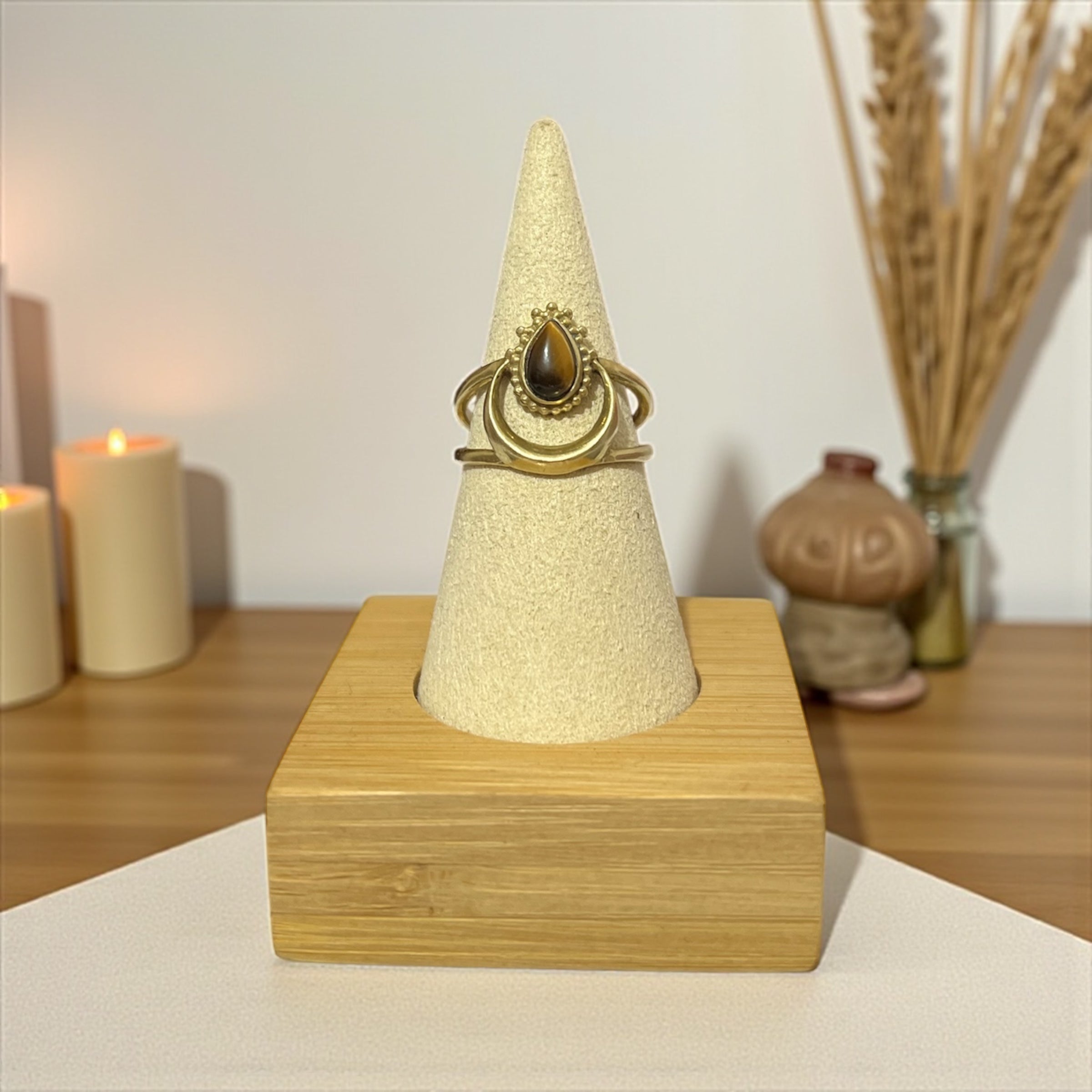 Tiger Eye Moon Ring – Adjustable Brass from India