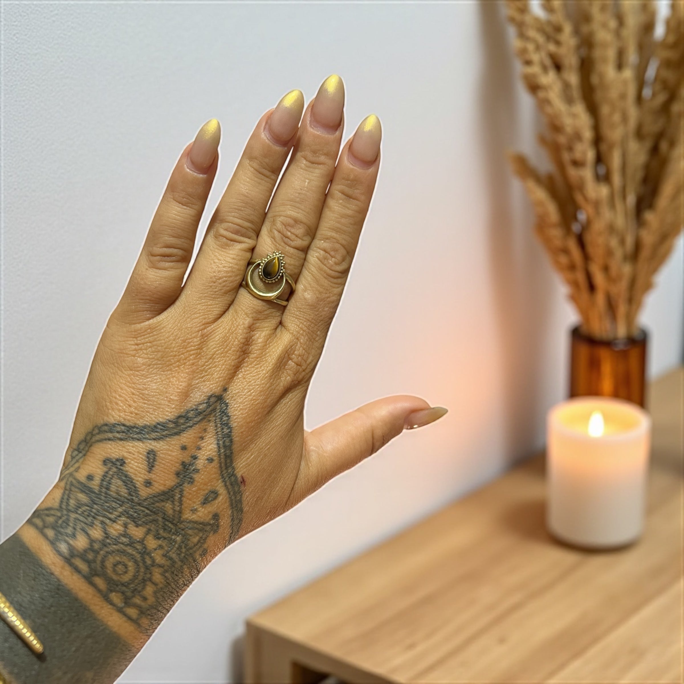 Tiger Eye Moon Ring – Adjustable Brass from India