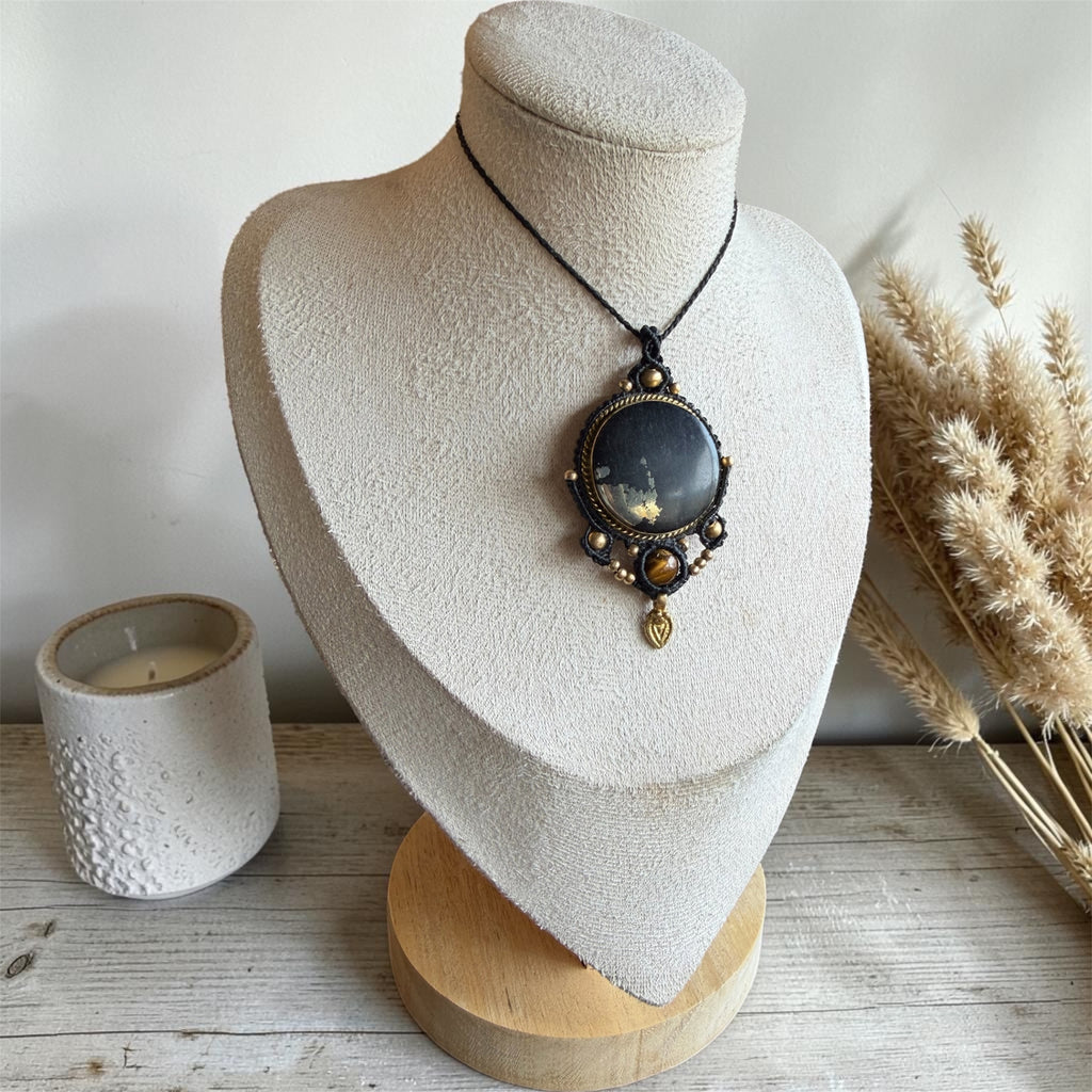 Black Tourmaline Macramé Necklace with Pyrite & Tiger Eye