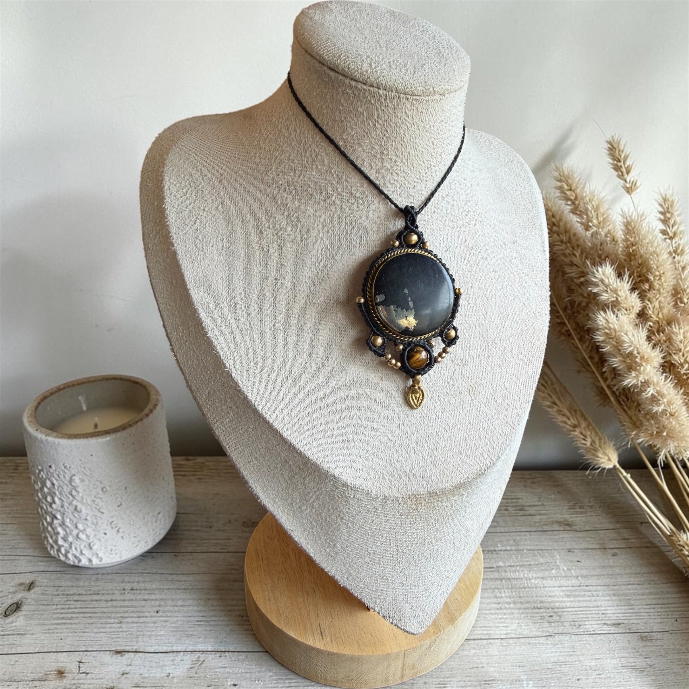 Black Tourmaline Macramé Necklace with Pyrite & Tiger Eye