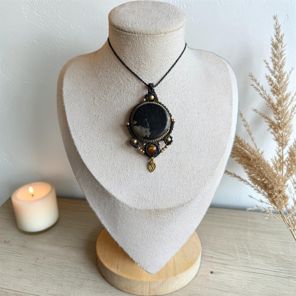 Black Tourmaline Macramé Necklace with Pyrite & Tiger Eye