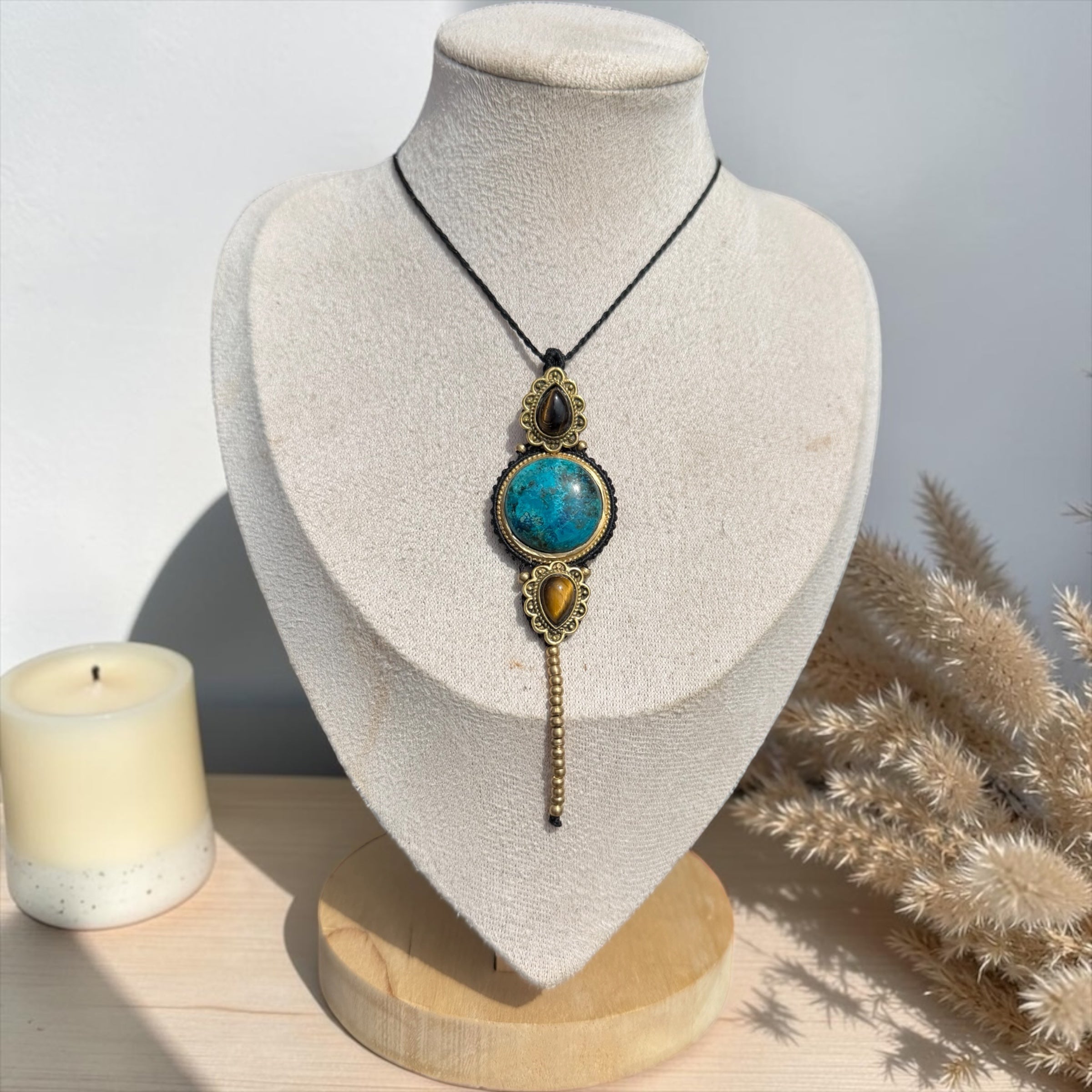 Chrysocolla & Tiger Eye Macramé Necklace – Adjustable Natural Stone Necklace | Handmade Boho Crystal Jewelry