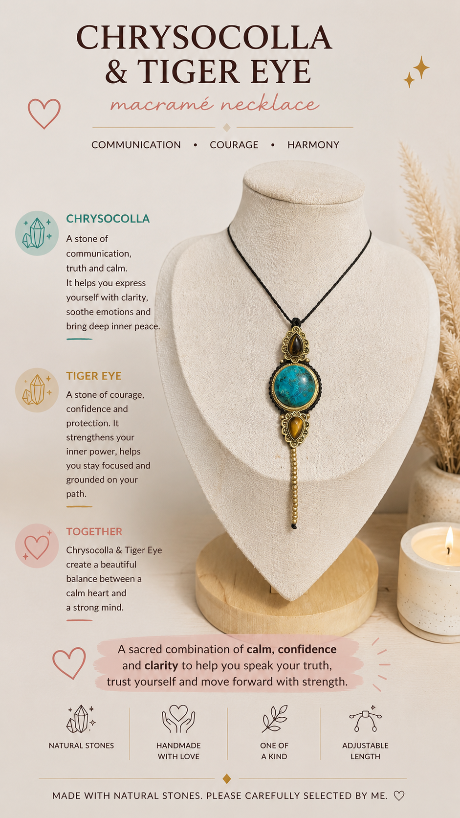 Chrysocolla & Tiger Eye Macramé Necklace – Adjustable Natural Stone Necklace | Handmade Boho Crystal Jewelry