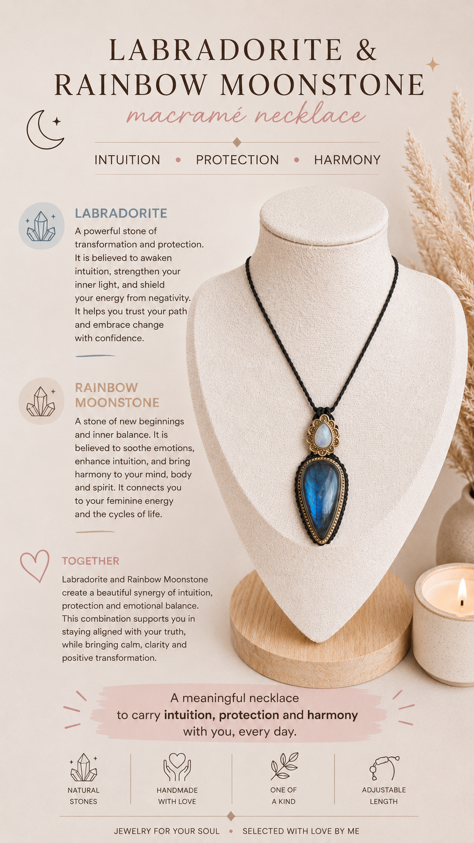 Labradorite & Rainbow Moonstone Macramé Necklace – Handmade with Intention
