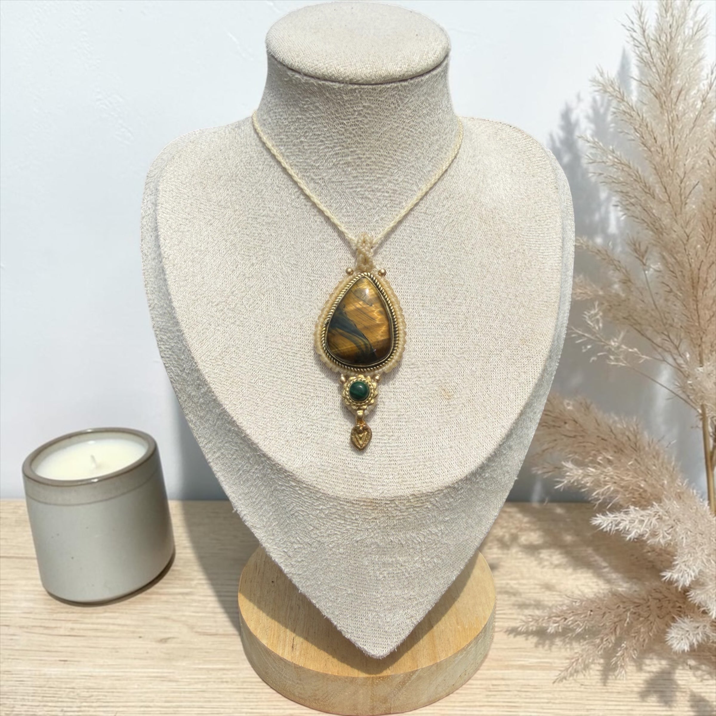Tiger Eye & Malachite Macramé Necklace – Handmade Adjustable Crystal Necklace