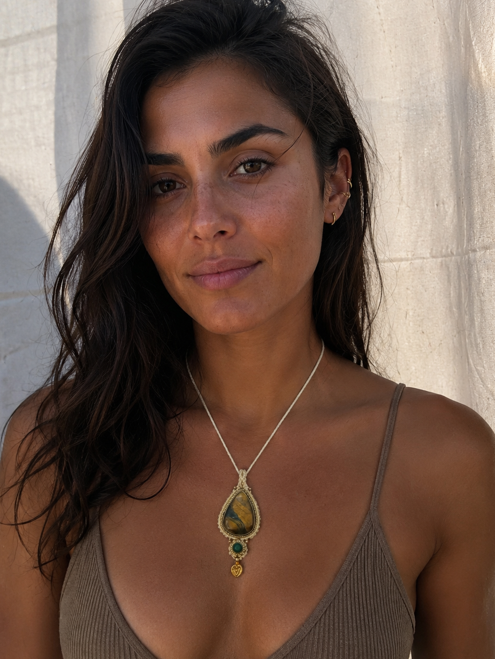 Tiger Eye & Malachite Macramé Necklace – Handmade Adjustable Crystal Necklace