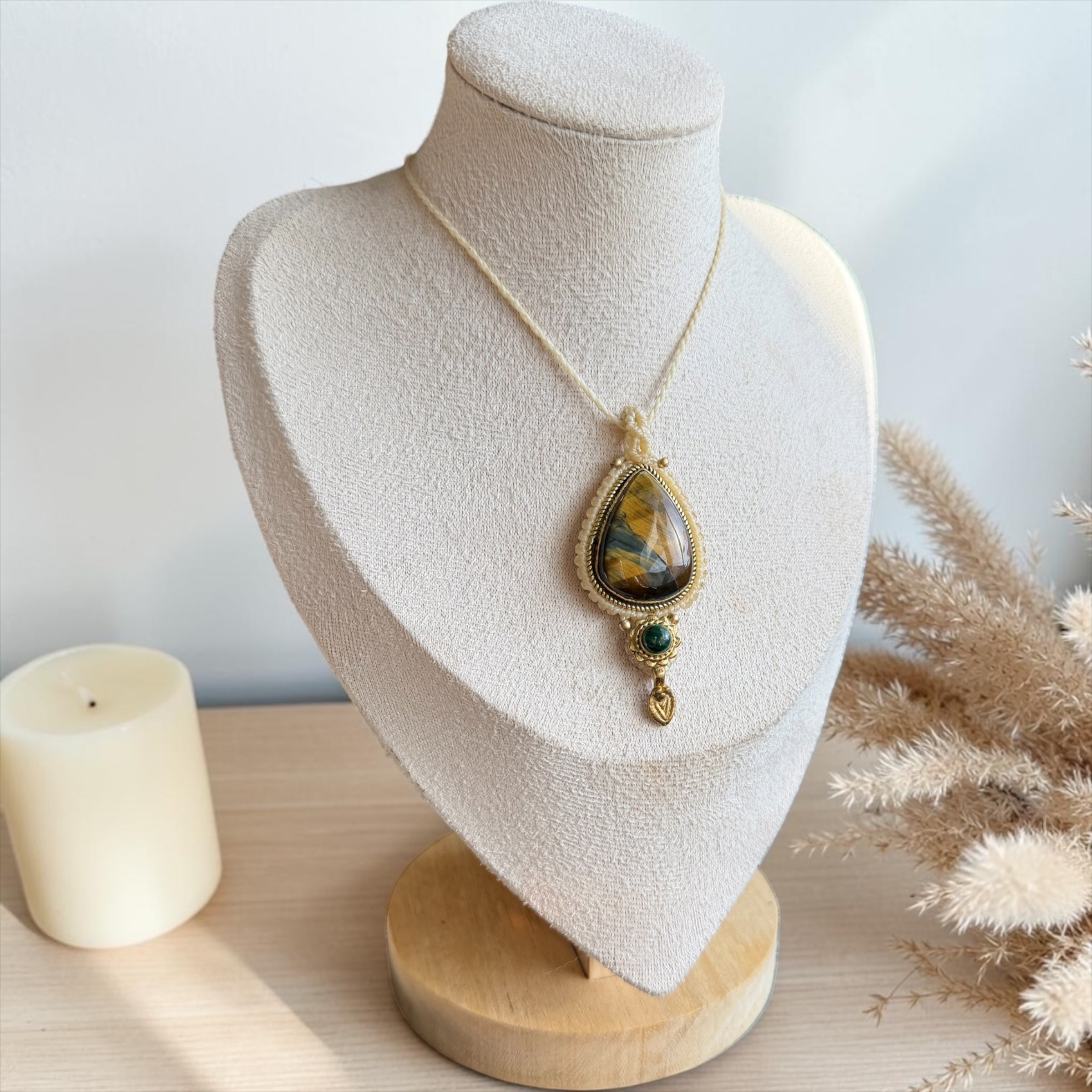 Tiger Eye & Malachite Macramé Necklace – Handmade Adjustable Crystal Necklace