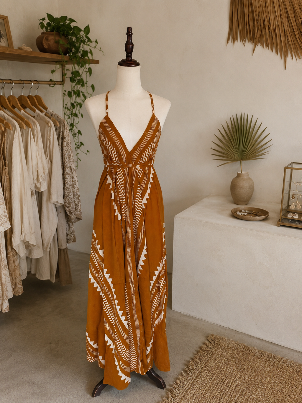Golden dunes block Print Long Dress – Adjustable One Size Boho Dress