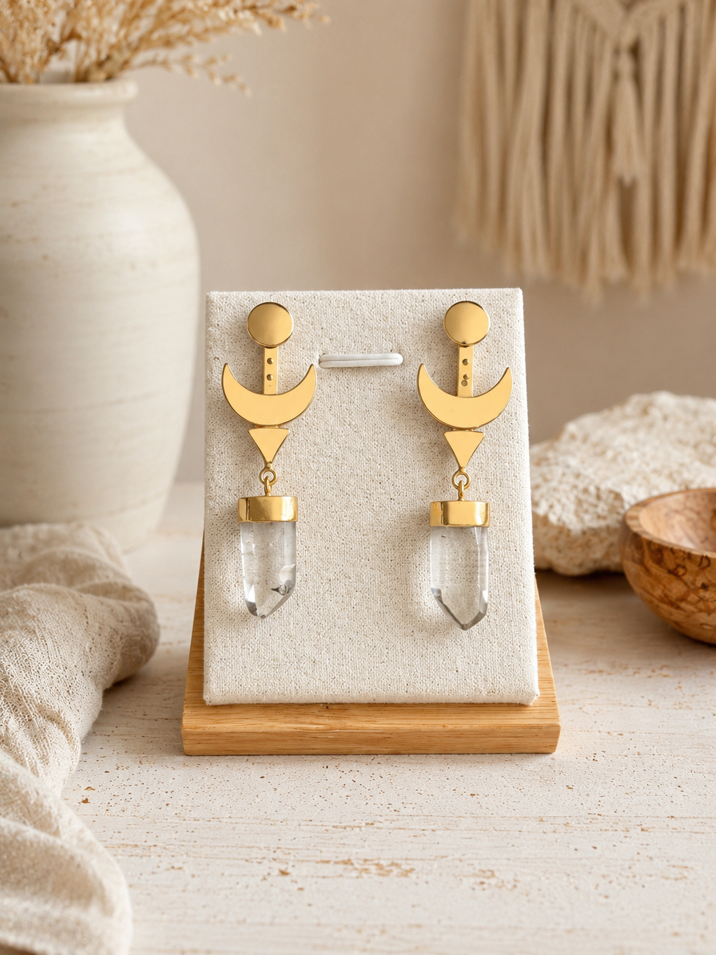 Clear Quartz Crescent Moon Earrings – Brass & Natural Crystal