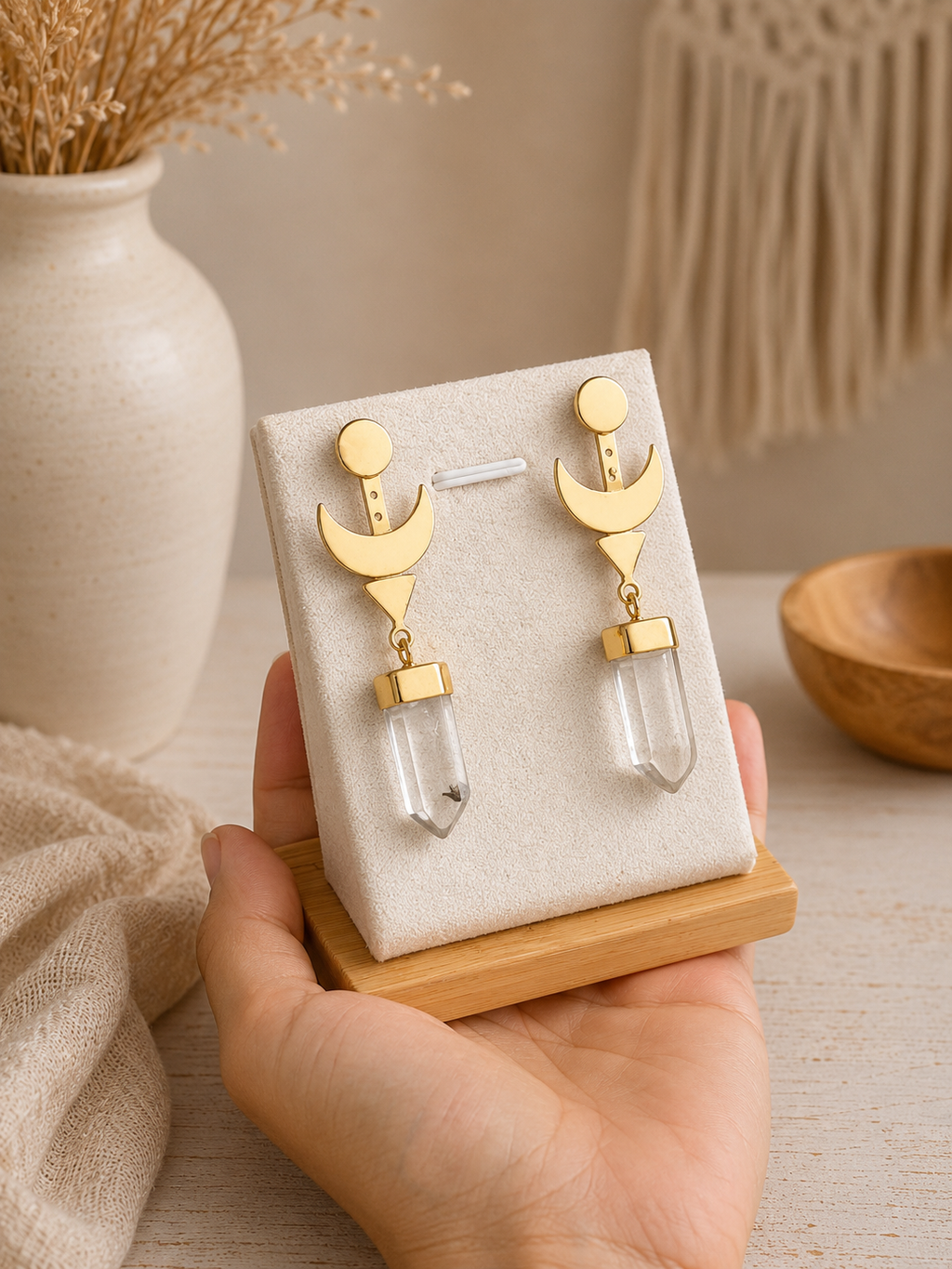Clear Quartz Crescent Moon Earrings – Brass & Natural Crystal