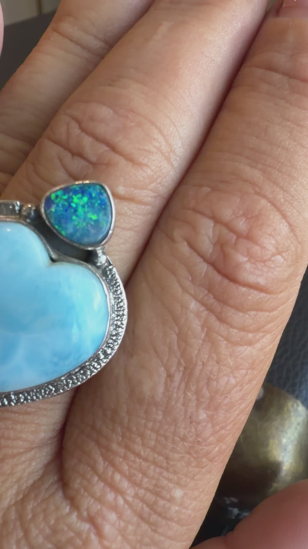 Australian Opal & Larimar Heart Ring – Handmade in Silver 925