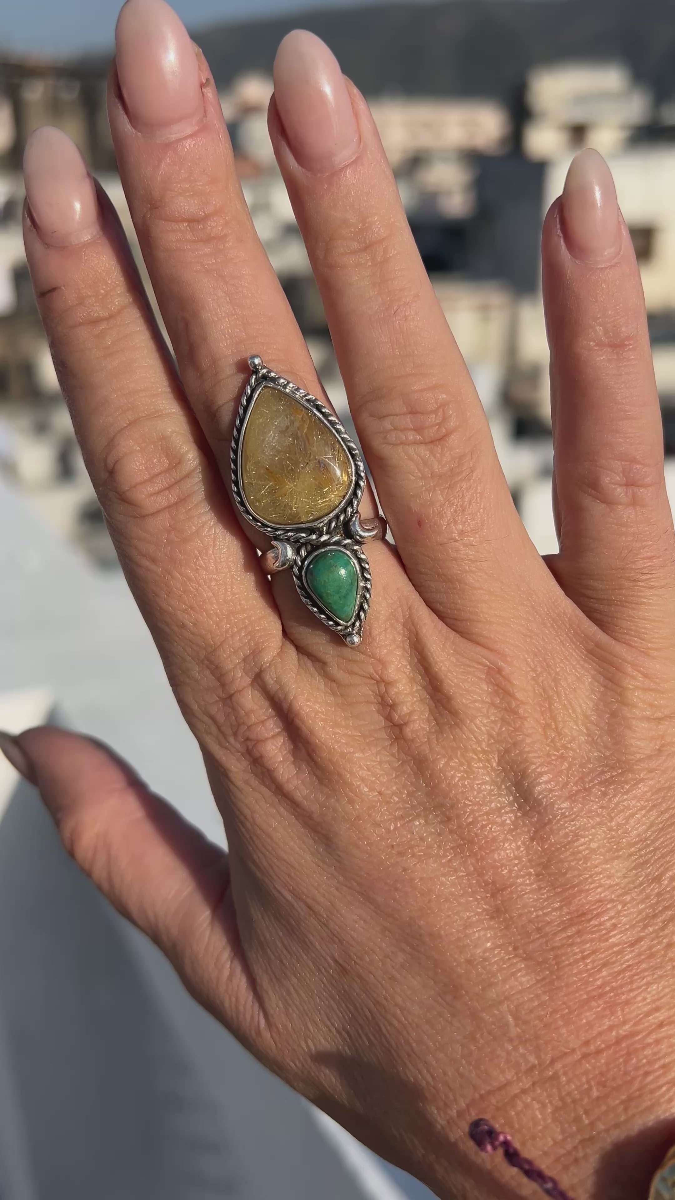 Rutilated Quartz & Turquoise Silver Ring